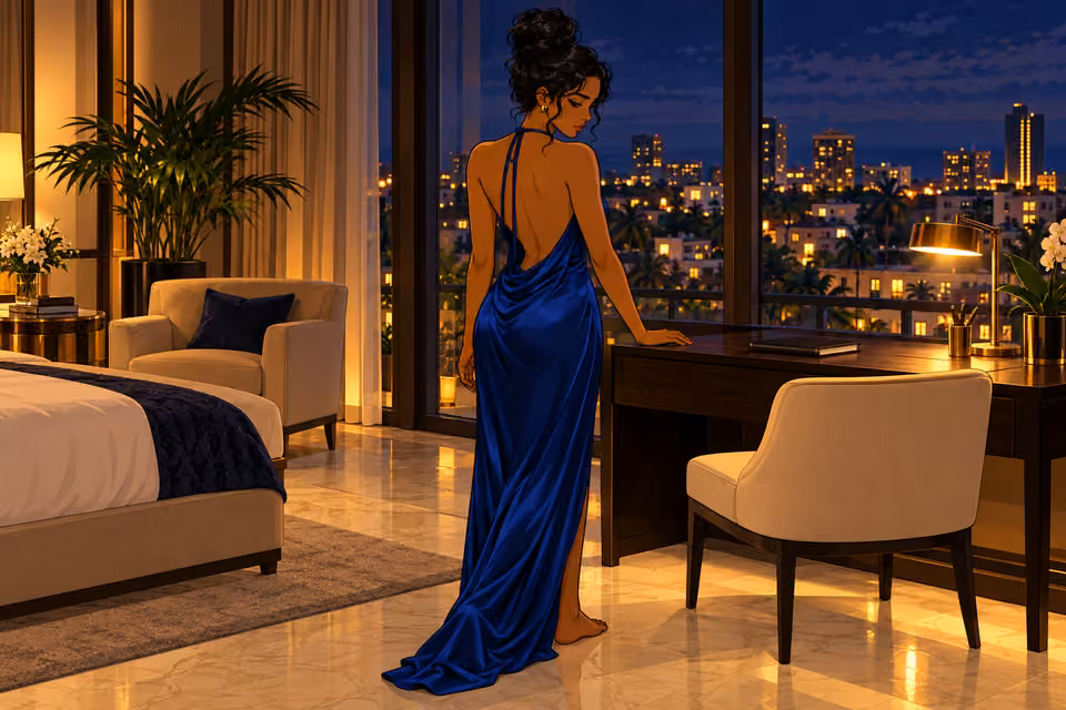 Later she stands alone in her suite.
