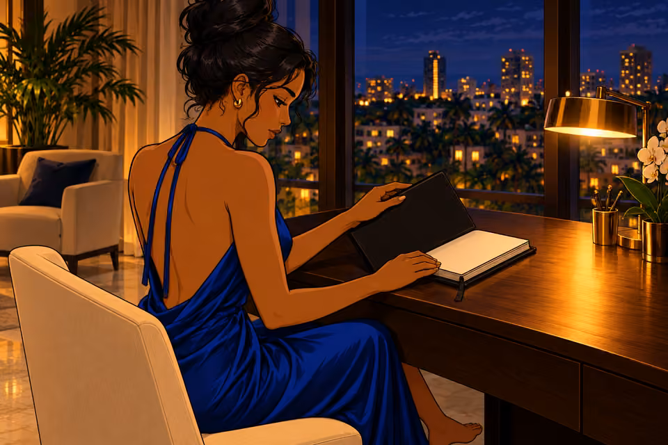 She opens her private journal.