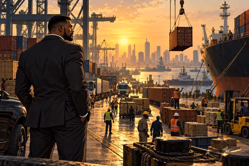 An expansive dawn establishing shot: Olumide stands on the quay foreground at three-quarter back angle, inspecting the busy Apapa port. Cargo cranes and suspended crates, ship hulls, trucks, workers and Lagos skyline recede through humid gold haze. Calm calculating dominance.