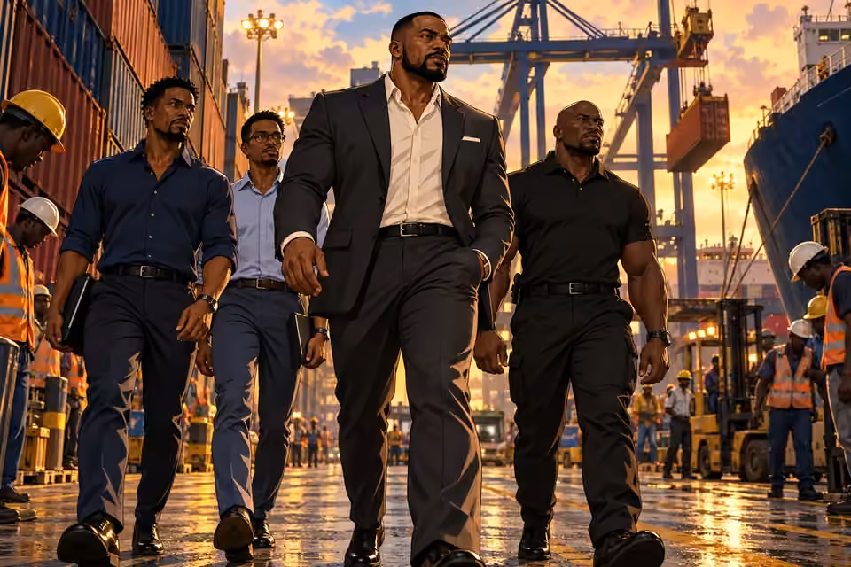 Low-angle tracking composition: Olumide strides decisively along the container dock; Femi, Jide, Bode flank him in a visually staggered formation while workers respectfully give way. Convey their commanding presence through posture.