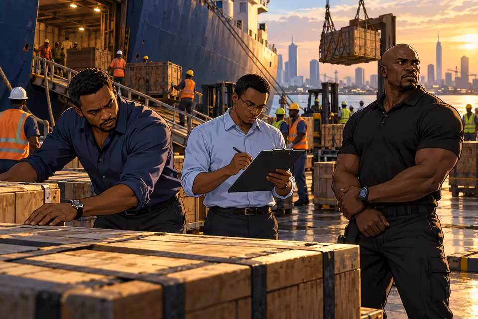 Medium wide diagonal composition concentrating on three distinct roles: Femi inspects cargo crates, Jide checks goods using a clipboard with unreadable marks, massive Bode stands watch. Ship ramp and longshoremen in background; Olumide not central.
