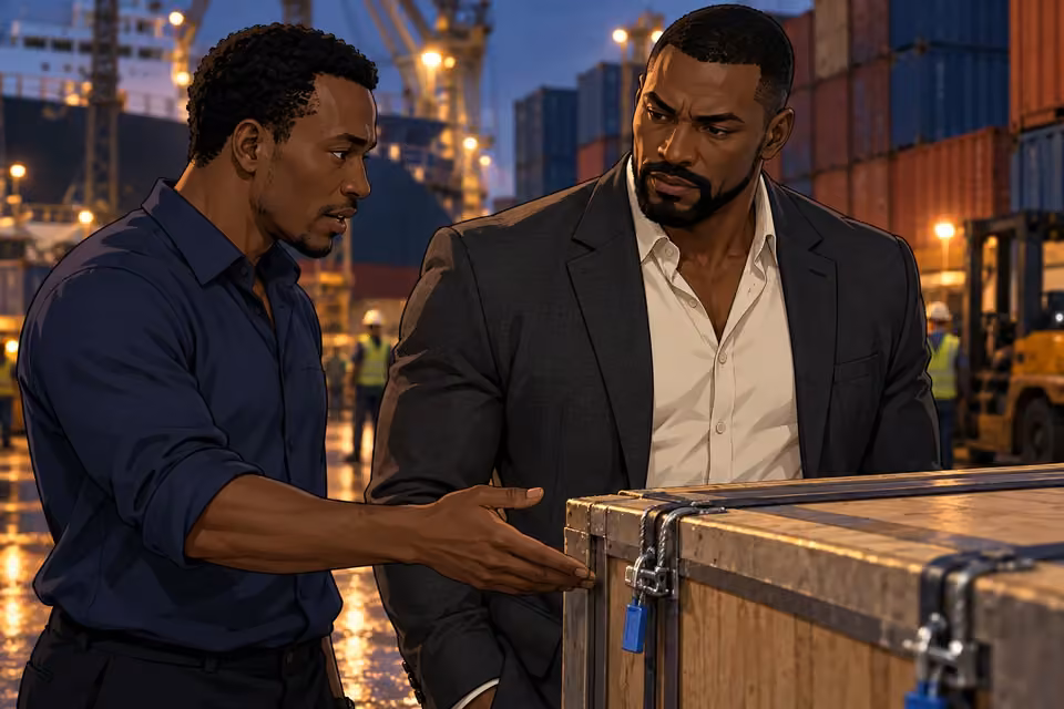 Intimate waist-up profile: Femi at left quietly reports to Olumide at right beside a sealed cargo crate, one open hand indicating intact seals; his expression professionally assured. Dock containers out of focus behind them.