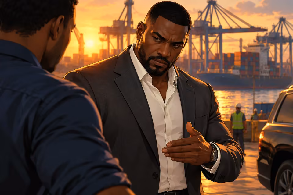 Tight three-quarter portrait of Olumide giving a curt nod, chin lowered and one hand decisively gesturing to move the operation along. Femi's shoulder is foreground, sun edges the suit, cranes blurred behind.