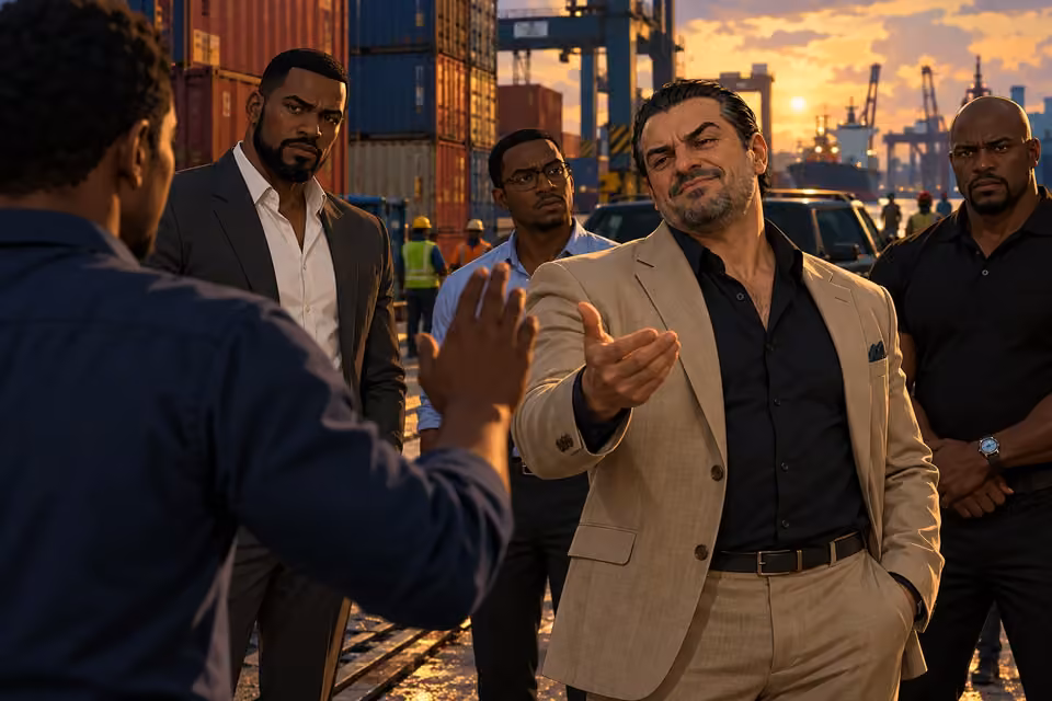 Tense medium shot from behind Femi's raised hand as a smug foreign buyer in tan suit steps forward from a small buyer group, interrupting the payment signal. Olumide visible to the side listening, stacked freight creates depth.