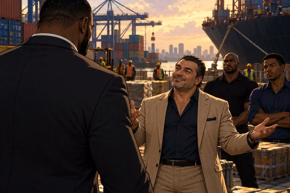 Over Olumide's shoulder at the dock: arrogant buyer explains a changed deal with a dismissive spread of his hands and false businesslike smile. Frame the buyer lower than the looming dark shoulder to hint at risk.
