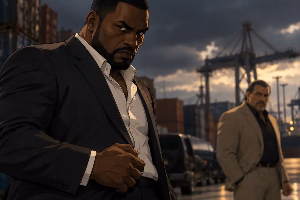 Extreme close dramatic face-and-hand composition: Olumide's hard gaze darkens; his fingers at waist tense against his charcoal jacket. The buyer is an indistinct tan shape in distance. A cloud shadow reduces the warm dock light; restrained menace, no violence.