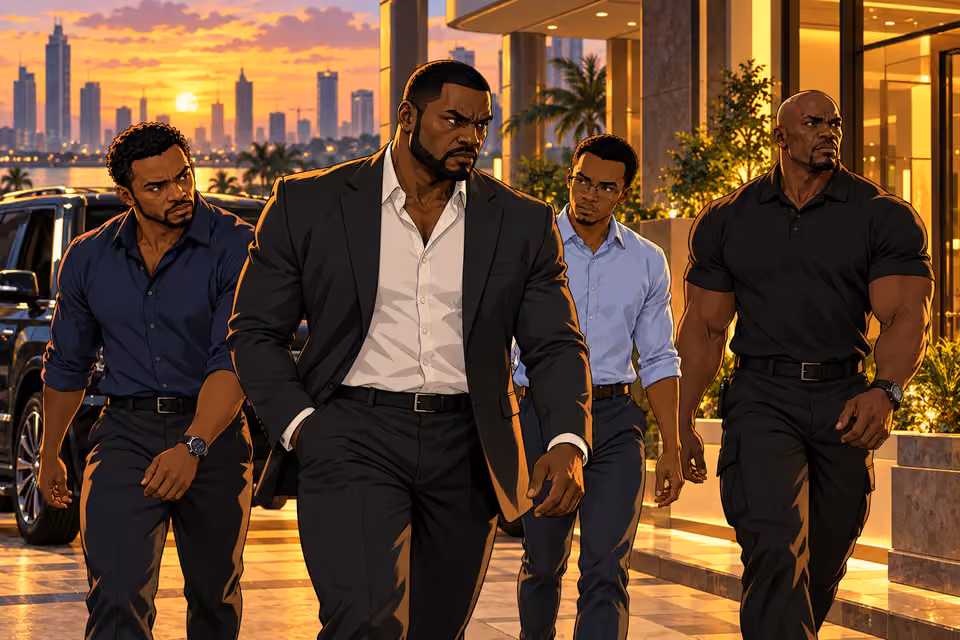 They arrive at Olumide’s penthouse at sunset.