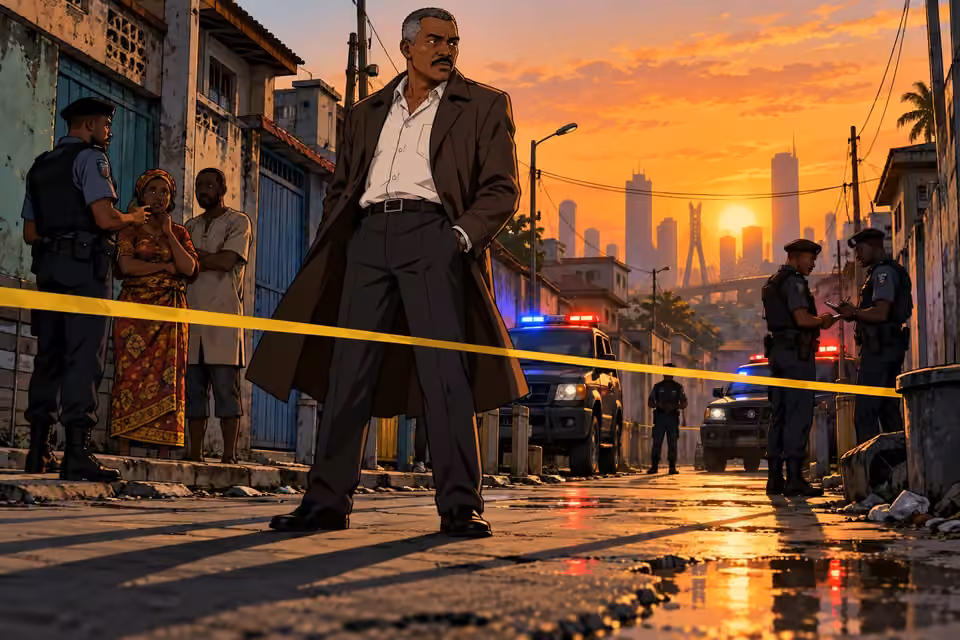 Detective Durojaiye stands behind police tape at a Lagos dawn crime scene as officers interview witnesses.