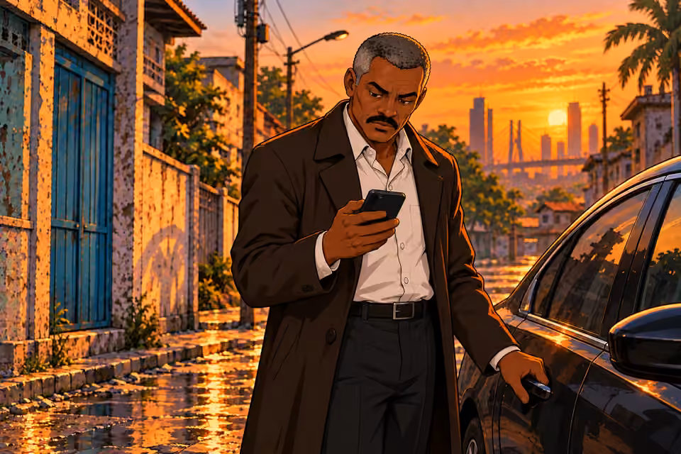 A call interrupts Durojaiye at his car.