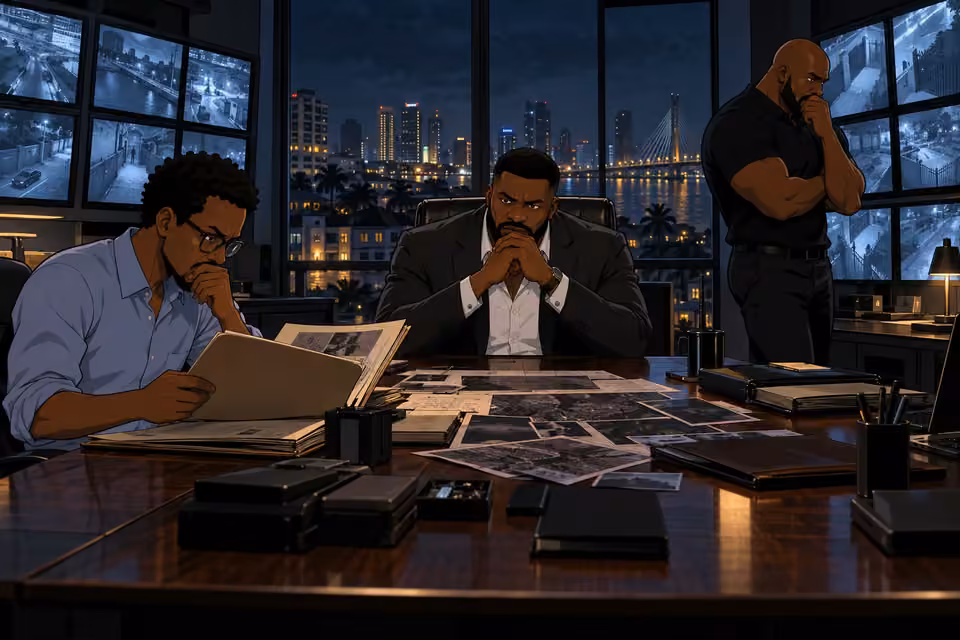 Olumide sits at a security-room table while Jide studies papers and Bode stands anxiously nearby.