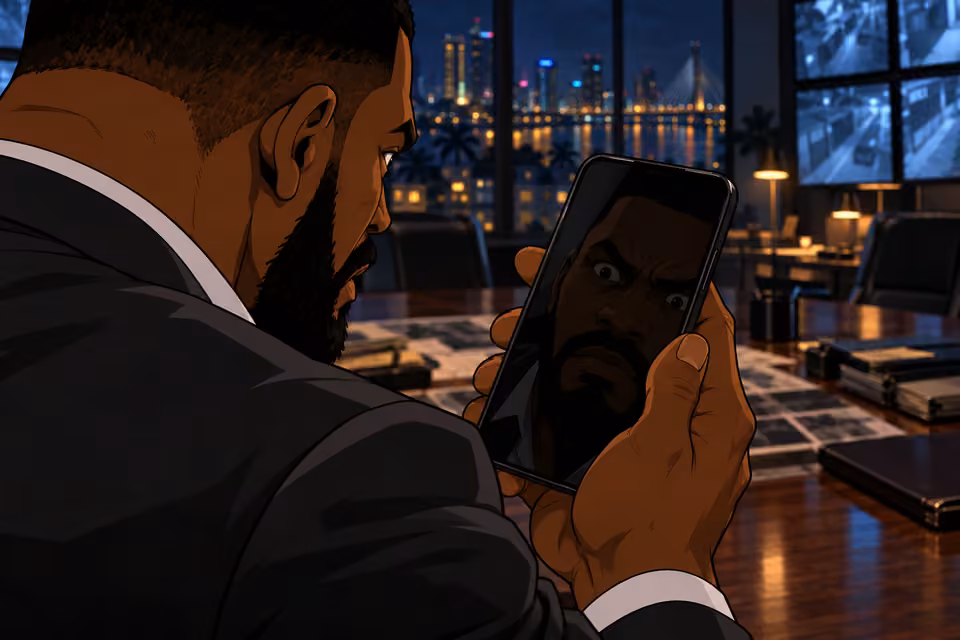 Olumide sees his reflection after the video.