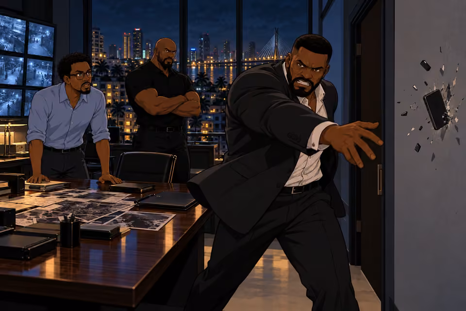 Olumide throws the phone at the wall.