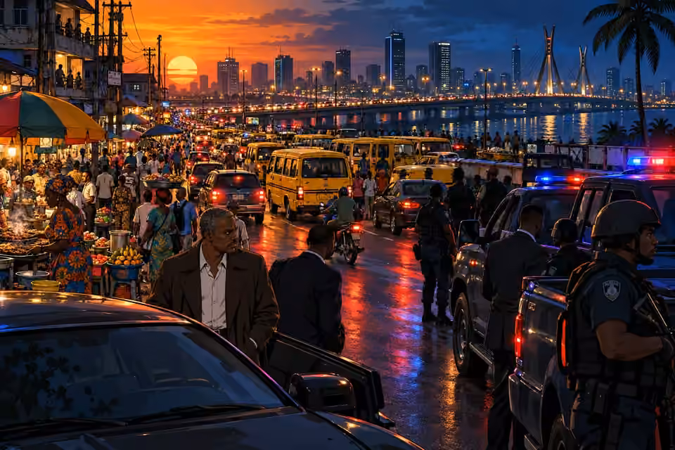 Traffic and street vendors fill Lagos at dusk while police vehicles gather for an operation.