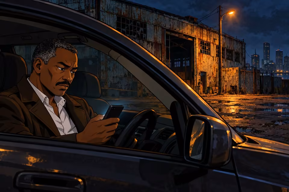 Durojaiye checks his phone inside a parked car outside a derelict warehouse at midnight.