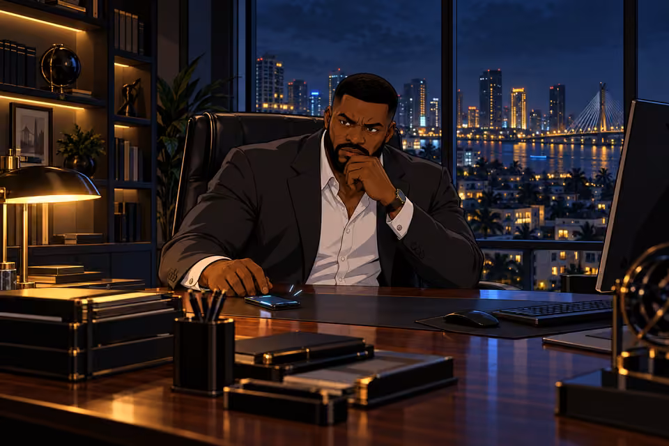 Olumide is interrupted in his office.