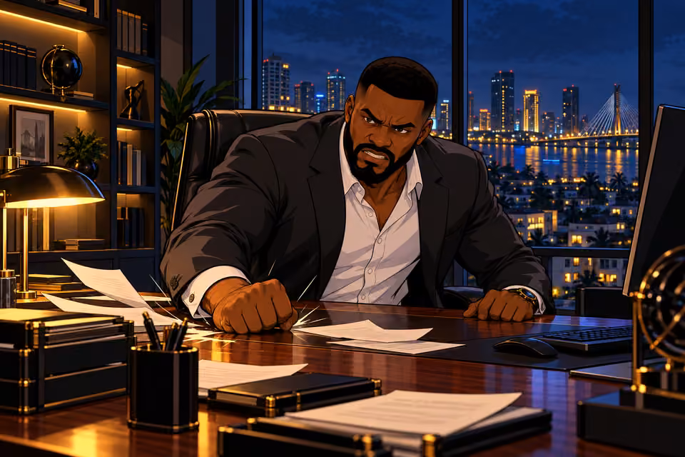 Olumide strikes his office desk.