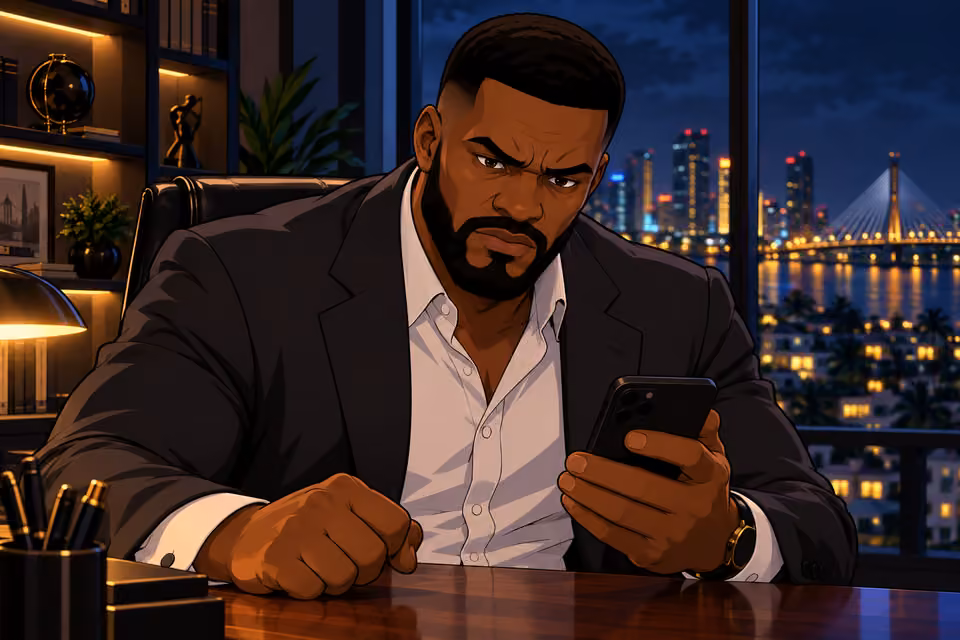 Olumide distrusts the man on the screen.