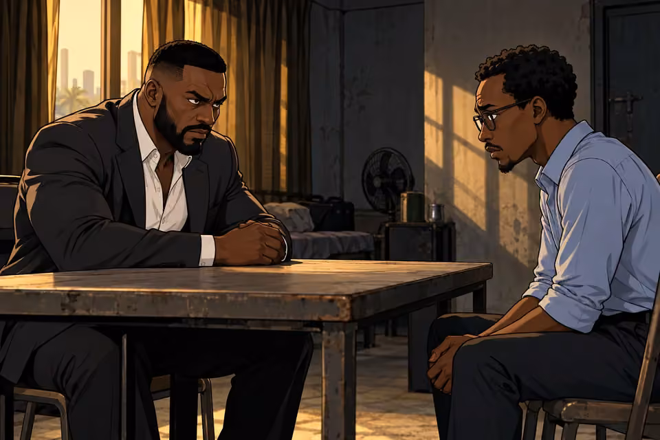 Olumide confronts an anxious Jide across a table in a dim safehouse.
