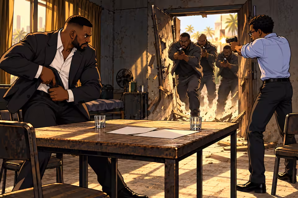 Armed men burst into the safehouse.