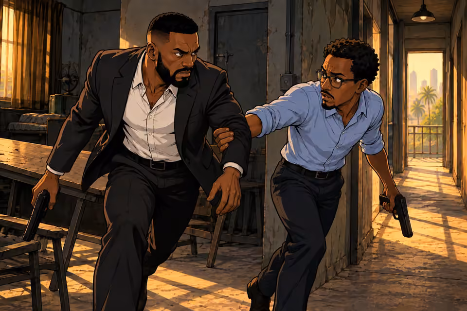 Jide pulls Olumide toward the back exit.