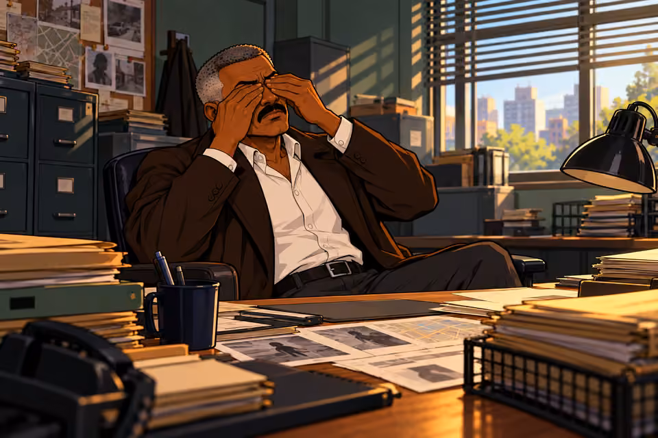 The exhausted detective rubs his eyes.