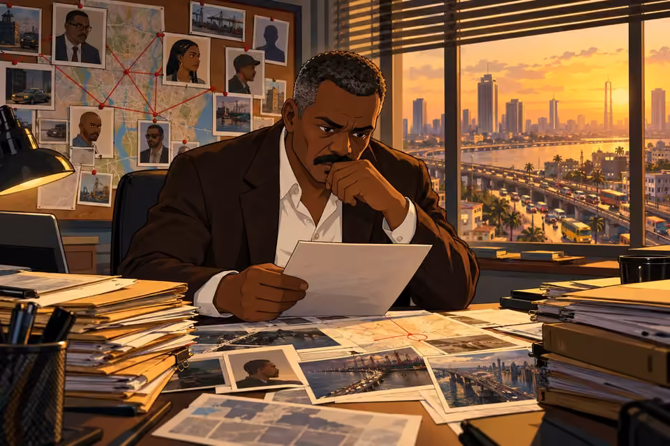 Detective Durojaiye studies case papers at his desk beside a board of connected suspects.
