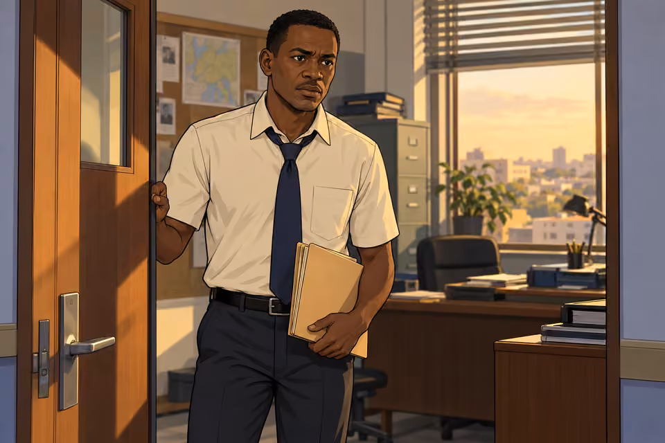 Detective Goke arrives with a file.