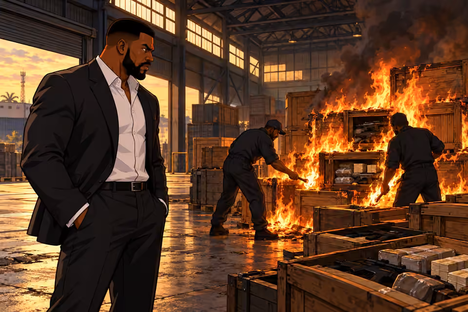Olumide watches his men burn the evidence.