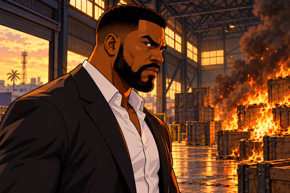 Olumide steels himself beside the fire.