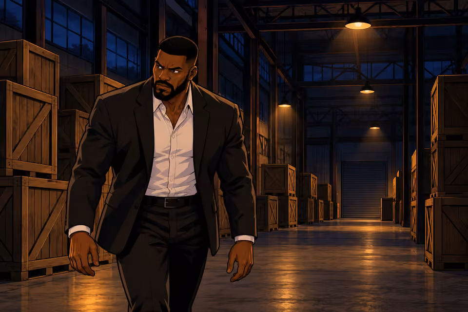 Olumide paces in the dark warehouse