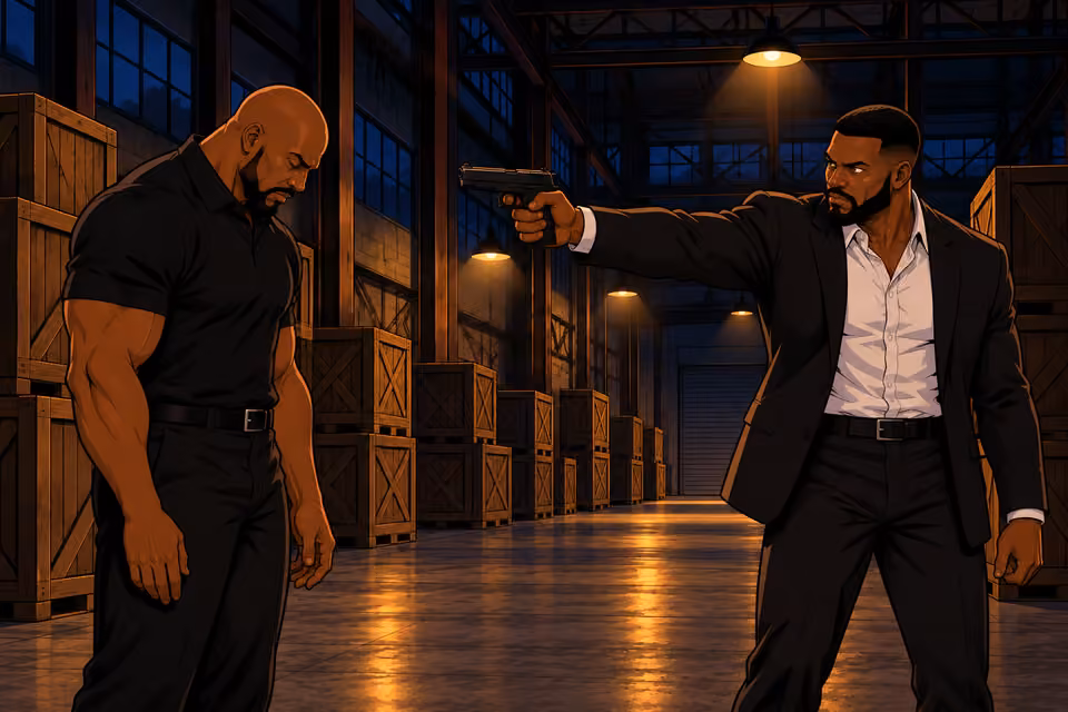 Olumide raises the gun at Bode