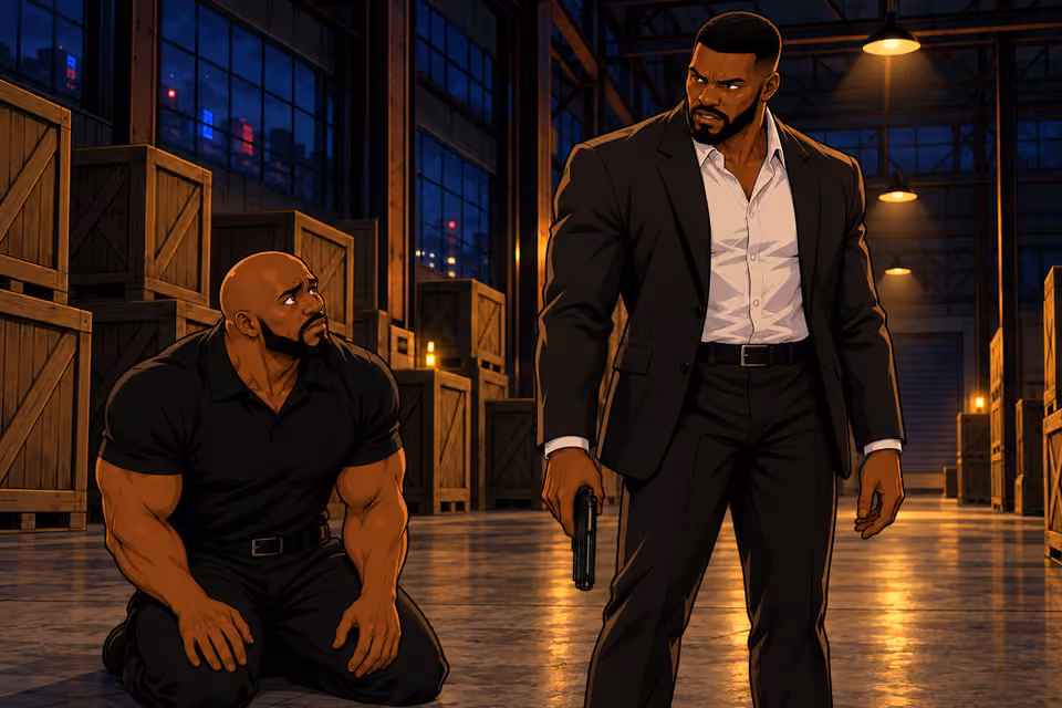 Olumide lowers his weapon