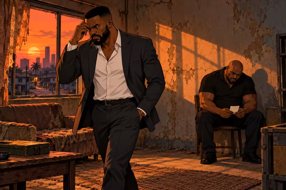 Olumide paces a shabby room as a bruised Bode sits against the wall at sunset.