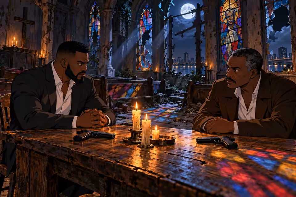 Olumide and Durojaiye sit across a candlelit table in an abandoned church.