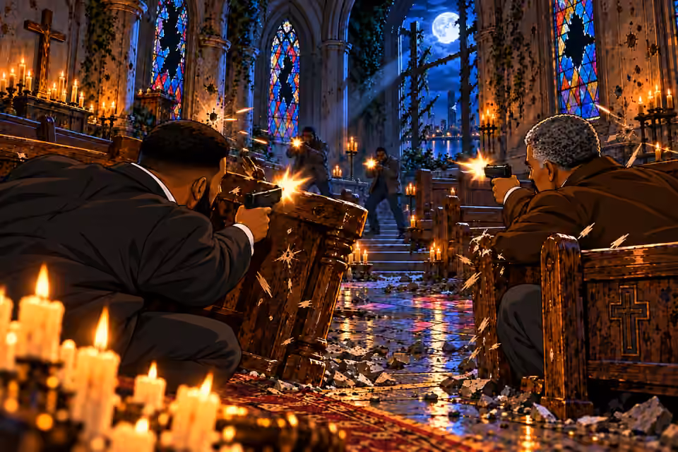 The church erupts in gunfire