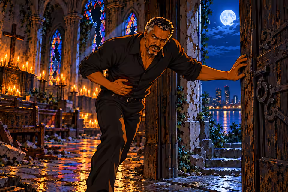 Taiwo tries to escape through the church
