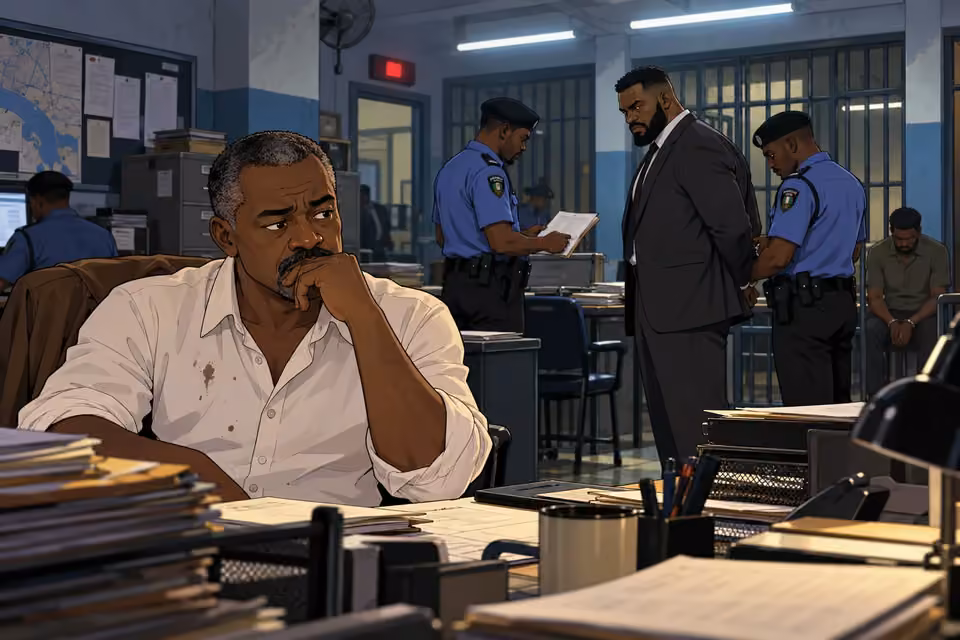Durojaiye watches officers process detainees in the quiet police station before dawn.