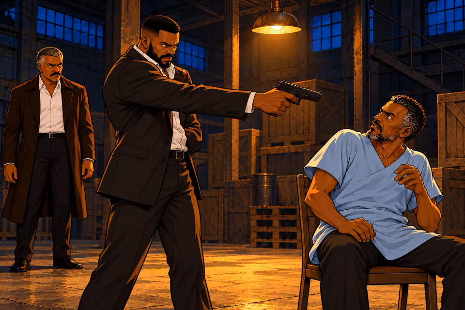 Olumide raises his gun at Taiwo