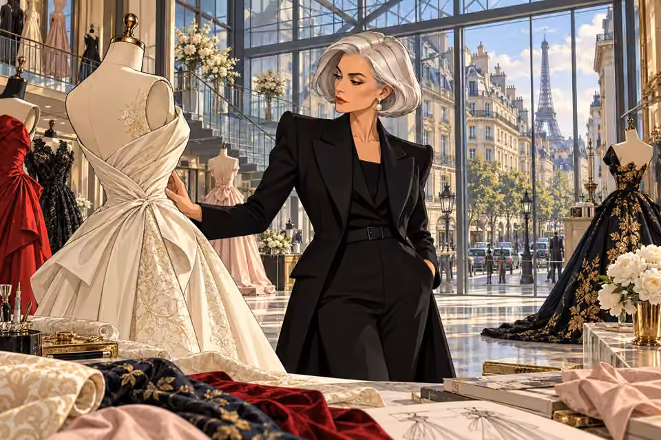 Cartoon illustration of Isabelle Laurent examining a couture gown inside her glass-and-steel Paris fashion headquarters.
