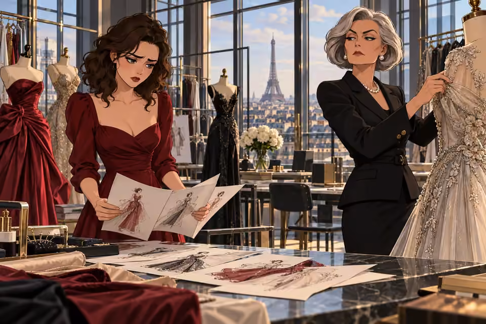 Cartoon illustration of celeste holds fashion sketches beside her controlling mother Isabelle in a couture studio.
