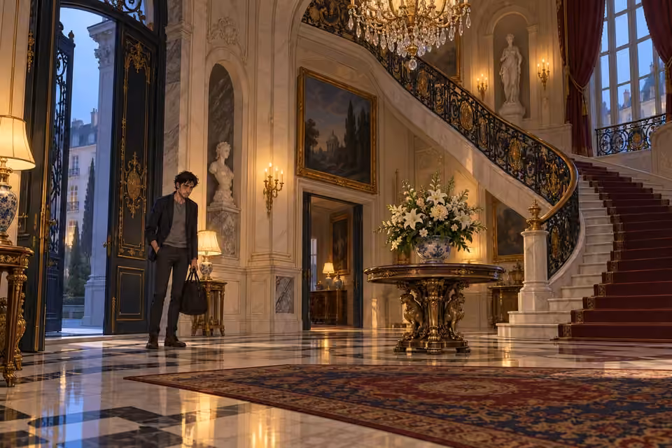 Cartoon illustration of julian stands alone with a travel bag in the mansion’s imposing foyer.