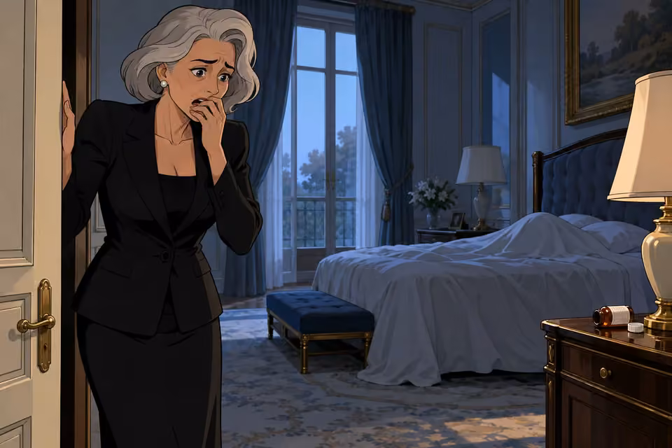 Cartoon illustration of a shocked Isabelle stands in Julian’s bedroom doorway beside the discreet aftermath of his death.