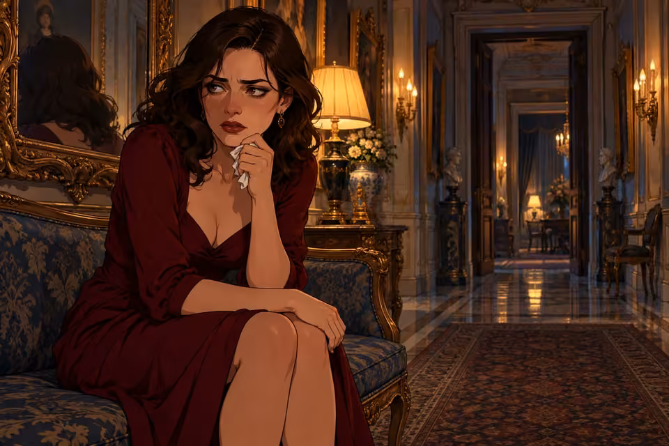 Cartoon illustration of celeste sits tearfully alone in an ornate mansion corridor.