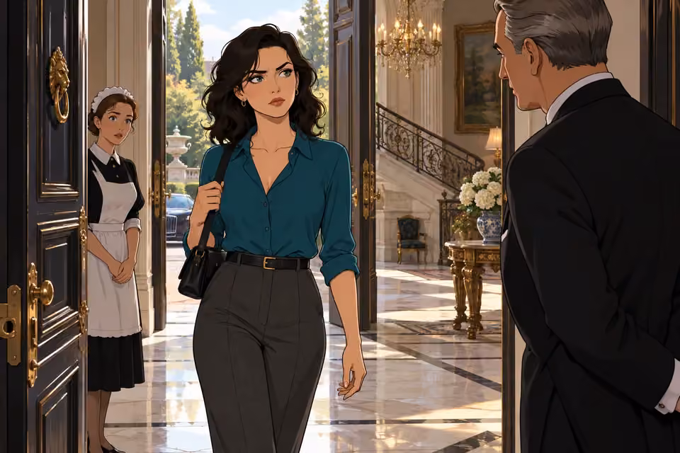 Cartoon illustration of seraphina arrives at the Laurent mansion with a determined, questioning expression.