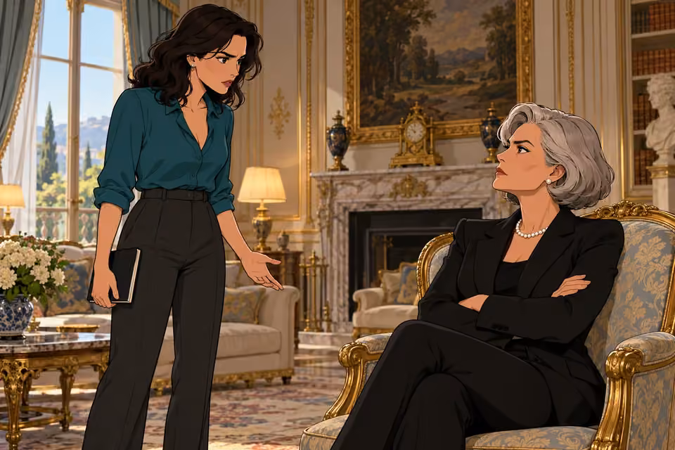 Cartoon illustration of seraphina asks Isabelle firm questions in the mansion’s drawing room.