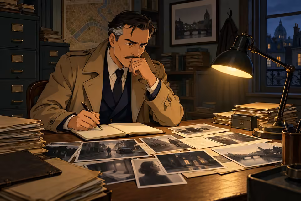 Cartoon illustration of detective Dubois studies folders and photographs beneath a desk lamp.