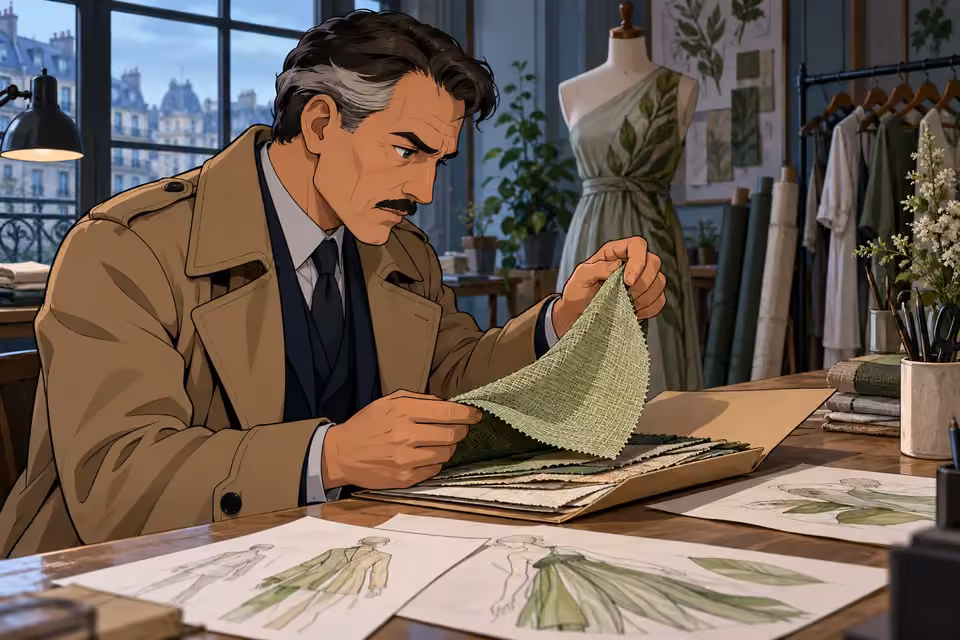 Cartoon illustration of dubois examines a pale-green sustainable fabric swatch beside garment sketches in a studio.
