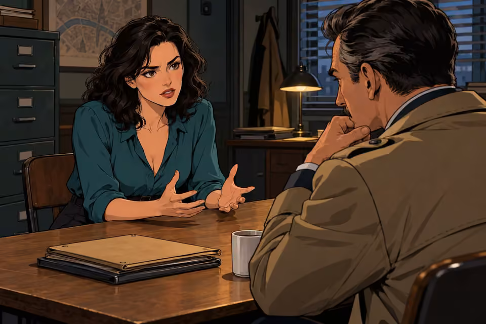 Cartoon illustration of seraphina speaks across an interview table while Dubois listens critically.