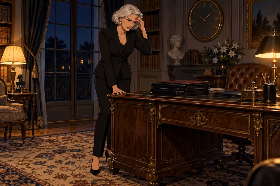 Cartoon illustration of isabelle stands strained and alone beside the desk in her private study at night.