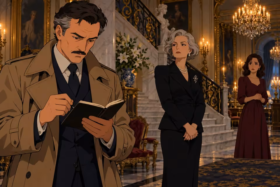 Cartoon illustration of Detective Dubois consulting his notebook in the Laurent mansion as Isabelle and Celeste watch tensely.